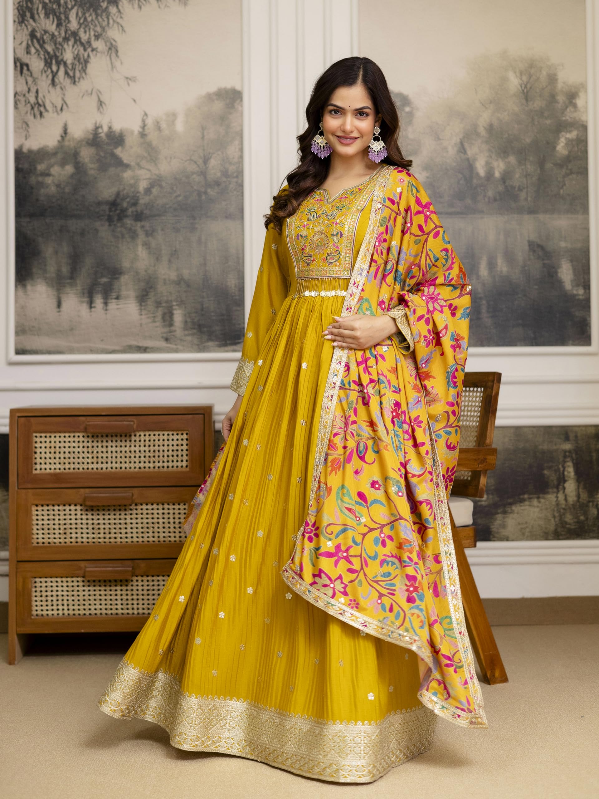 TRENDMALLS Women's Art Silk Embroidery Sequence Work Salwar Suit Set Anarkali Kurta Pant with Dupatta For Women - Image 7