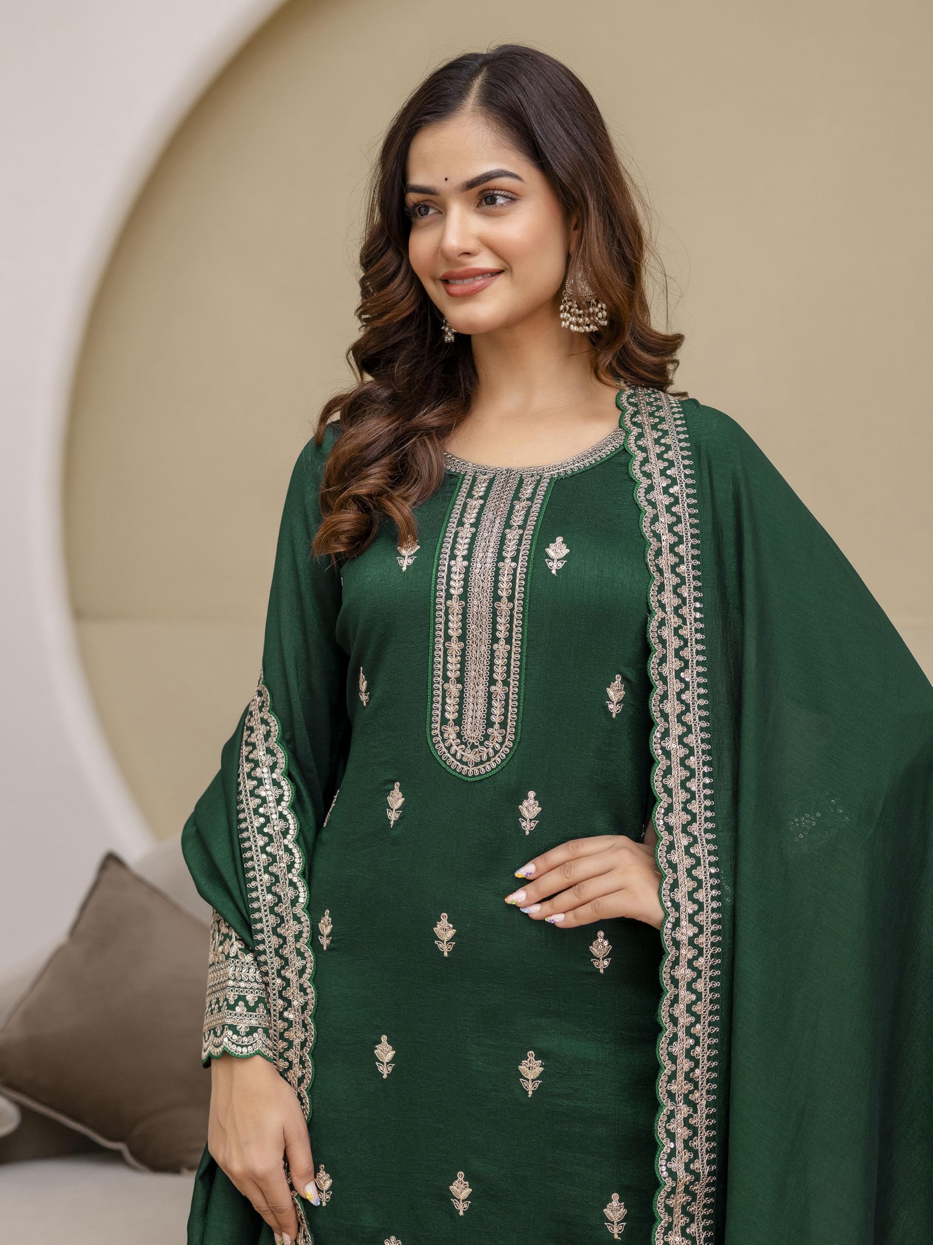 TRENDMALLS Women's Art Silk Sequins Embroidery Work Kurta Palazzo Set with Dupatta for Women - Image 6