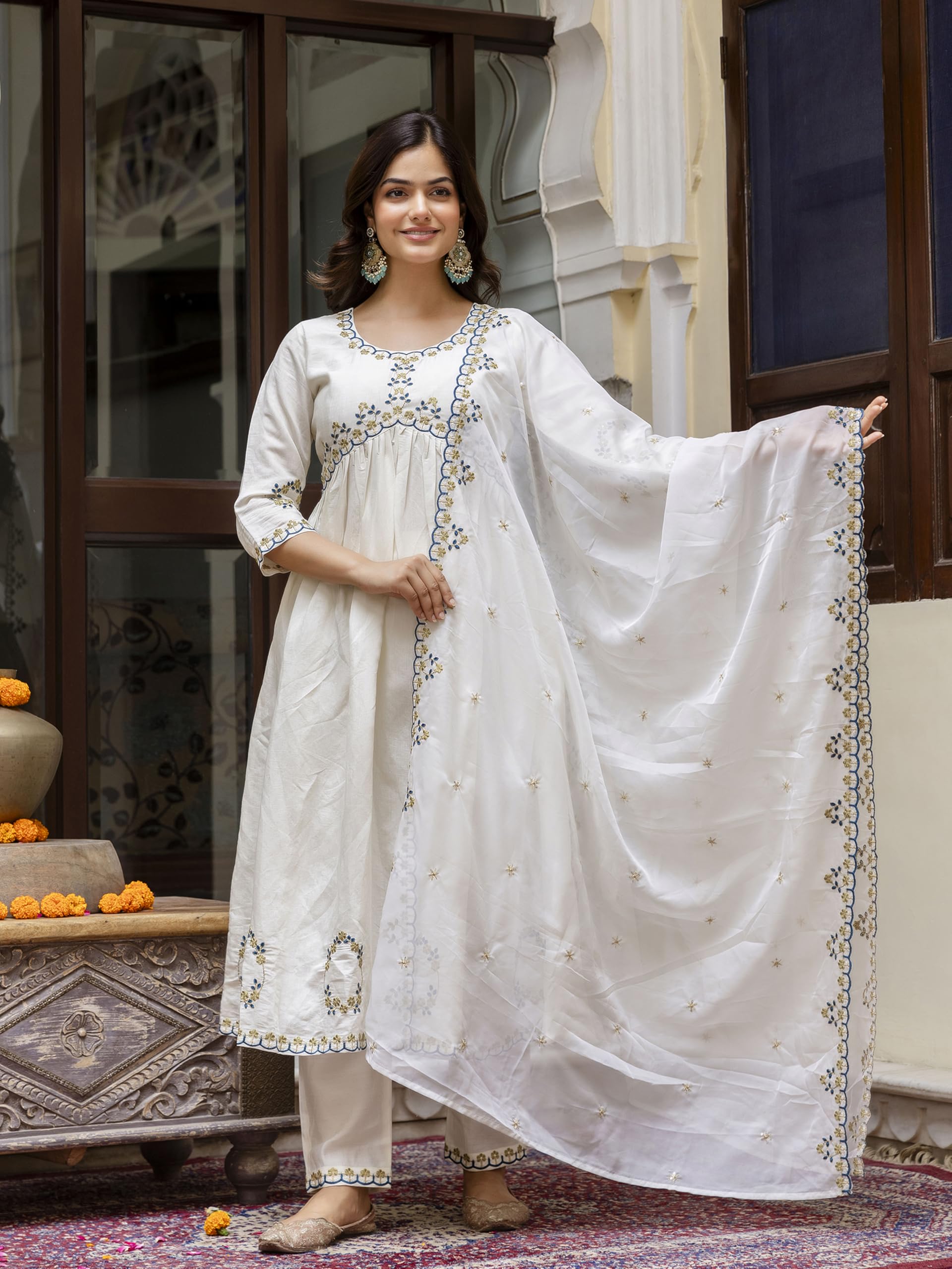TRENDMALLS Women's Chanderi Silk Embroidery Work Alia Cut Salwar Suit Set Kurta Pant with Dupatta - Image 3