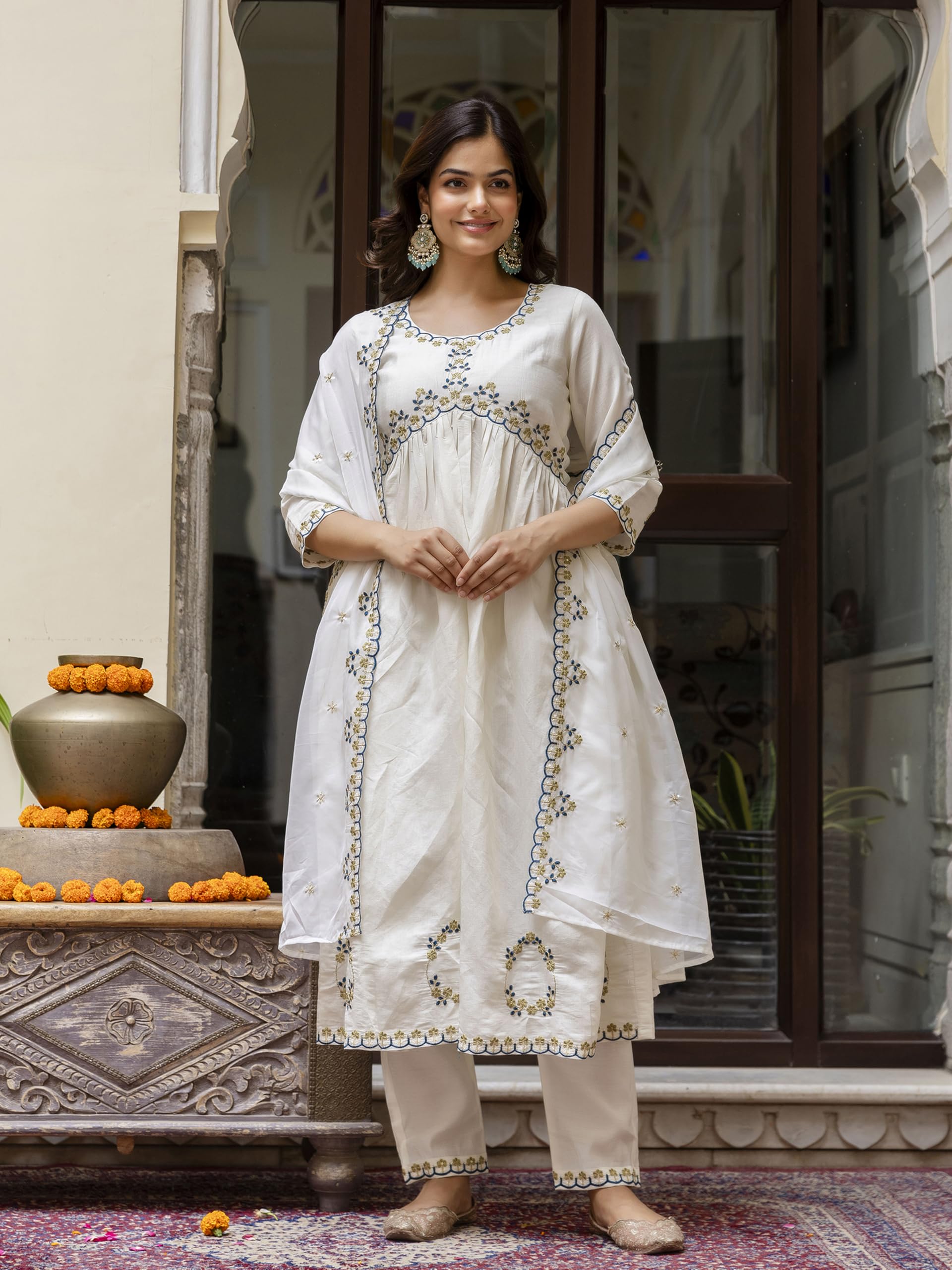 TRENDMALLS Women's Chanderi Silk Embroidery Work Alia Cut Salwar Suit Set Kurta Pant with Dupatta - Image 8