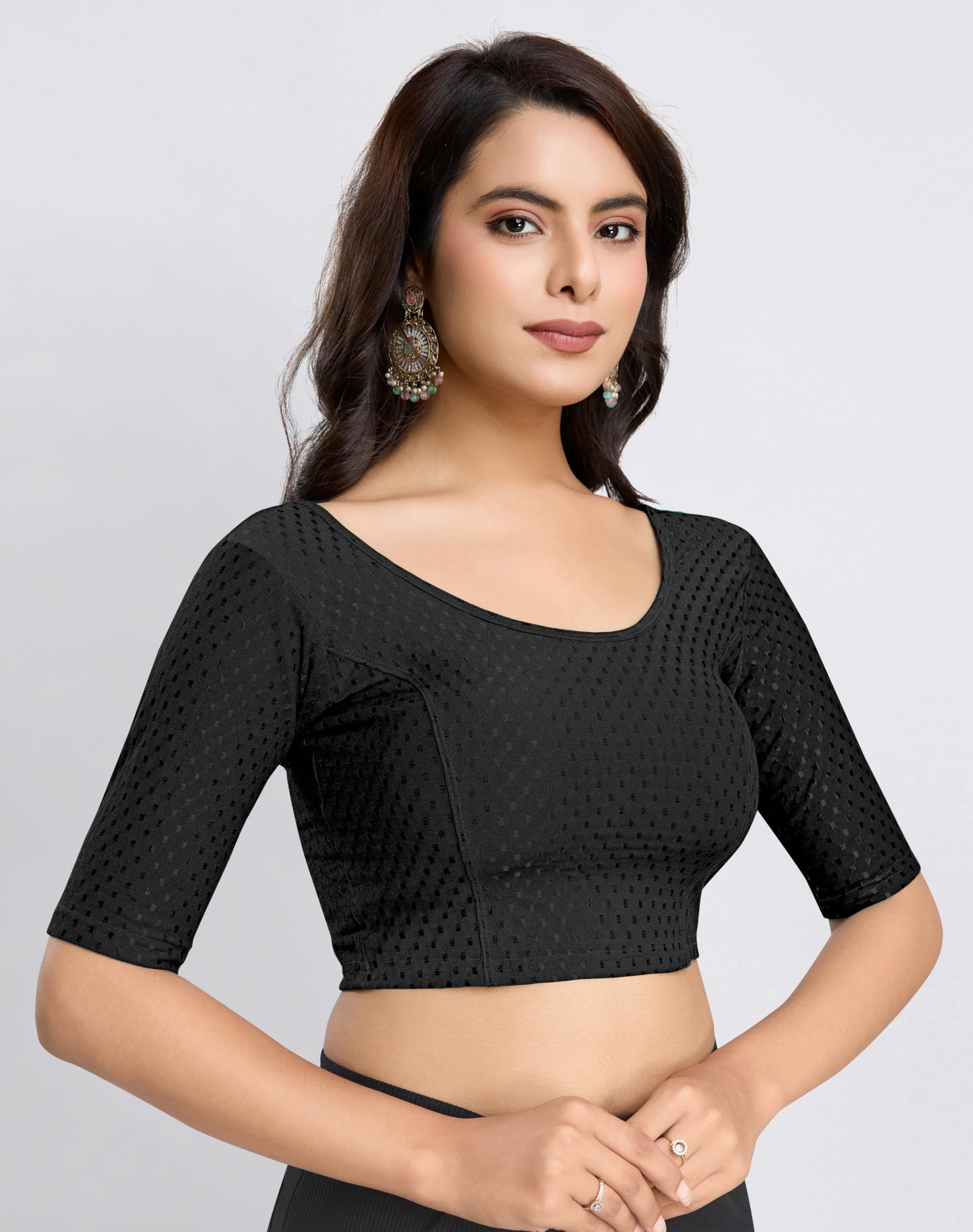 TRENDMALLS Women's Dobby Pure Cotton Elastin Stretchable Readymade Blouse (B01-Black-M-) - Image 3