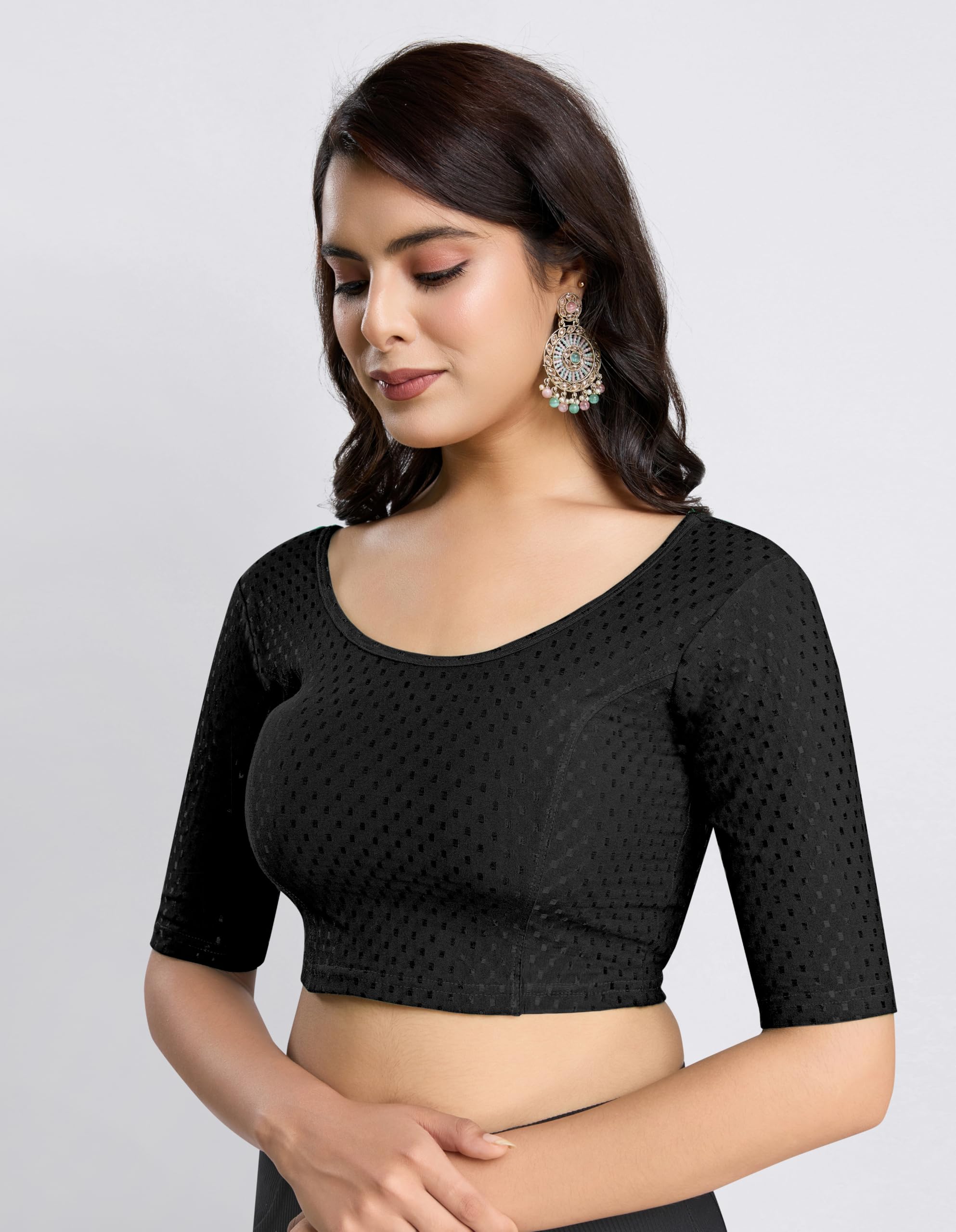 TRENDMALLS Women's Dobby Pure Cotton Elastin Stretchable Readymade Blouse (B01-Black-M-) - Image 4