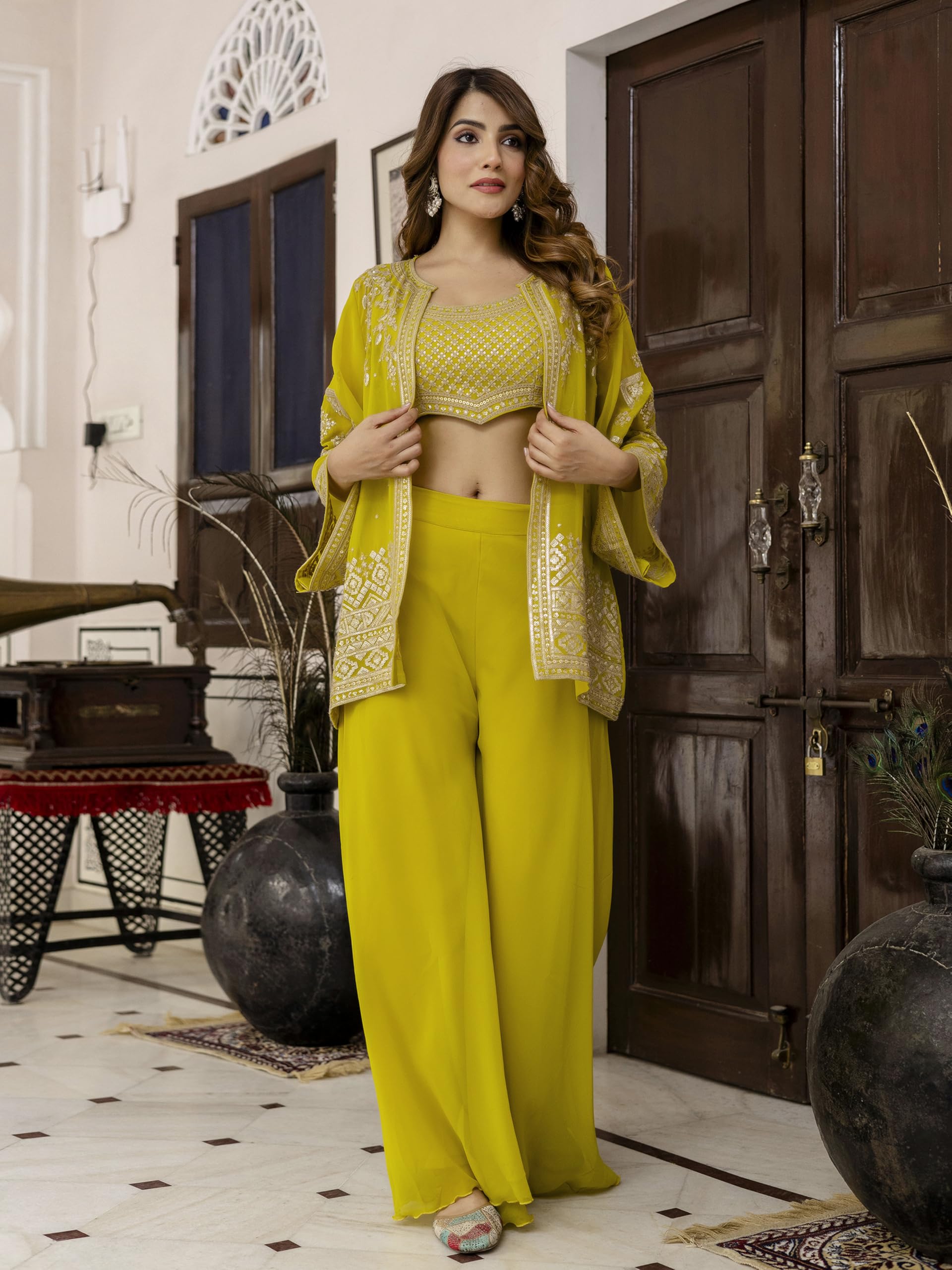 TRENDMALLS Women's Georgette Embroidery Crop Top with Flared Pleated Palazzo and Shrug Set - Image 7