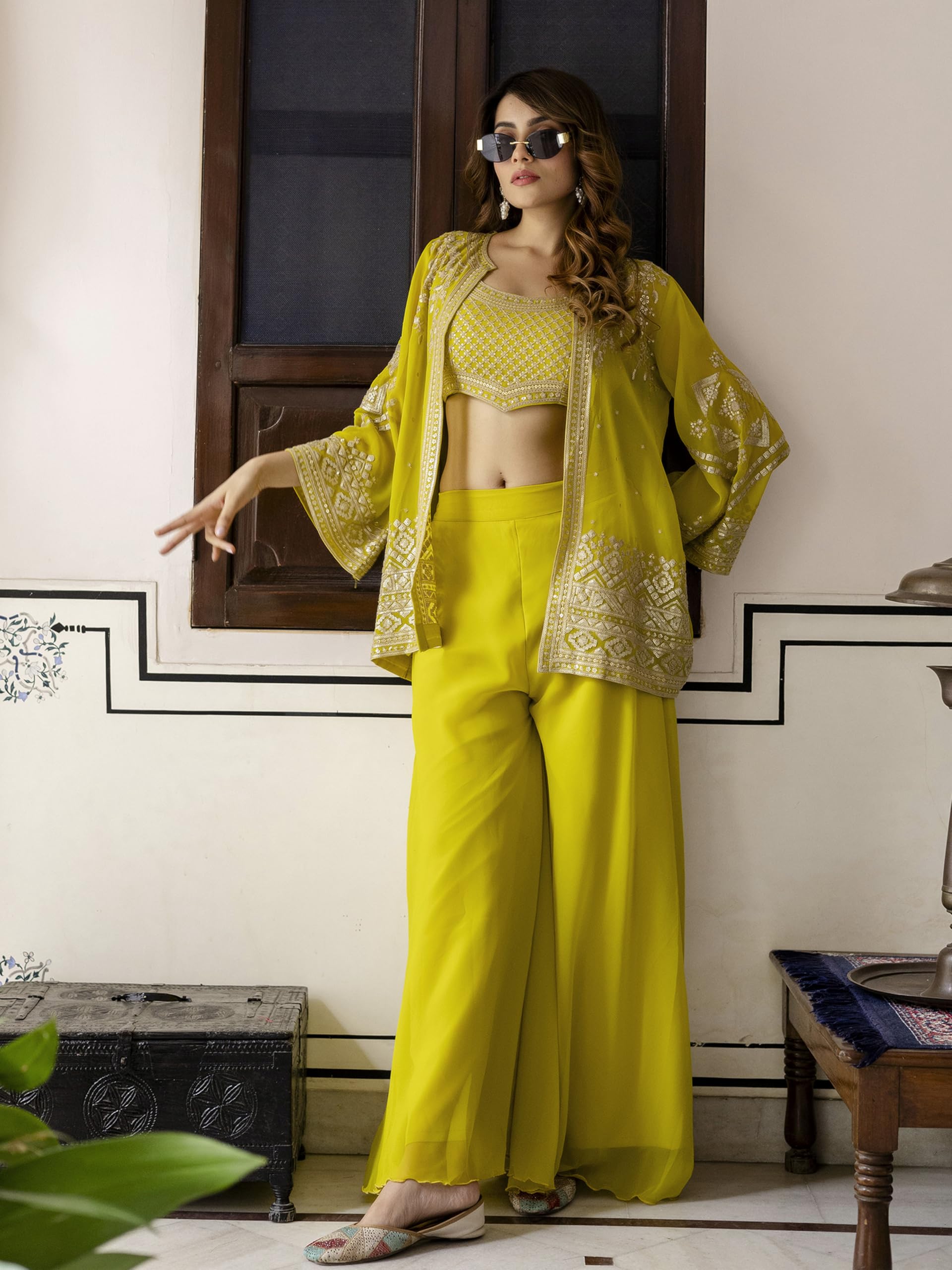 TRENDMALLS Women's Georgette Embroidery Crop Top with Flared Pleated Palazzo and Shrug Set - Image 8