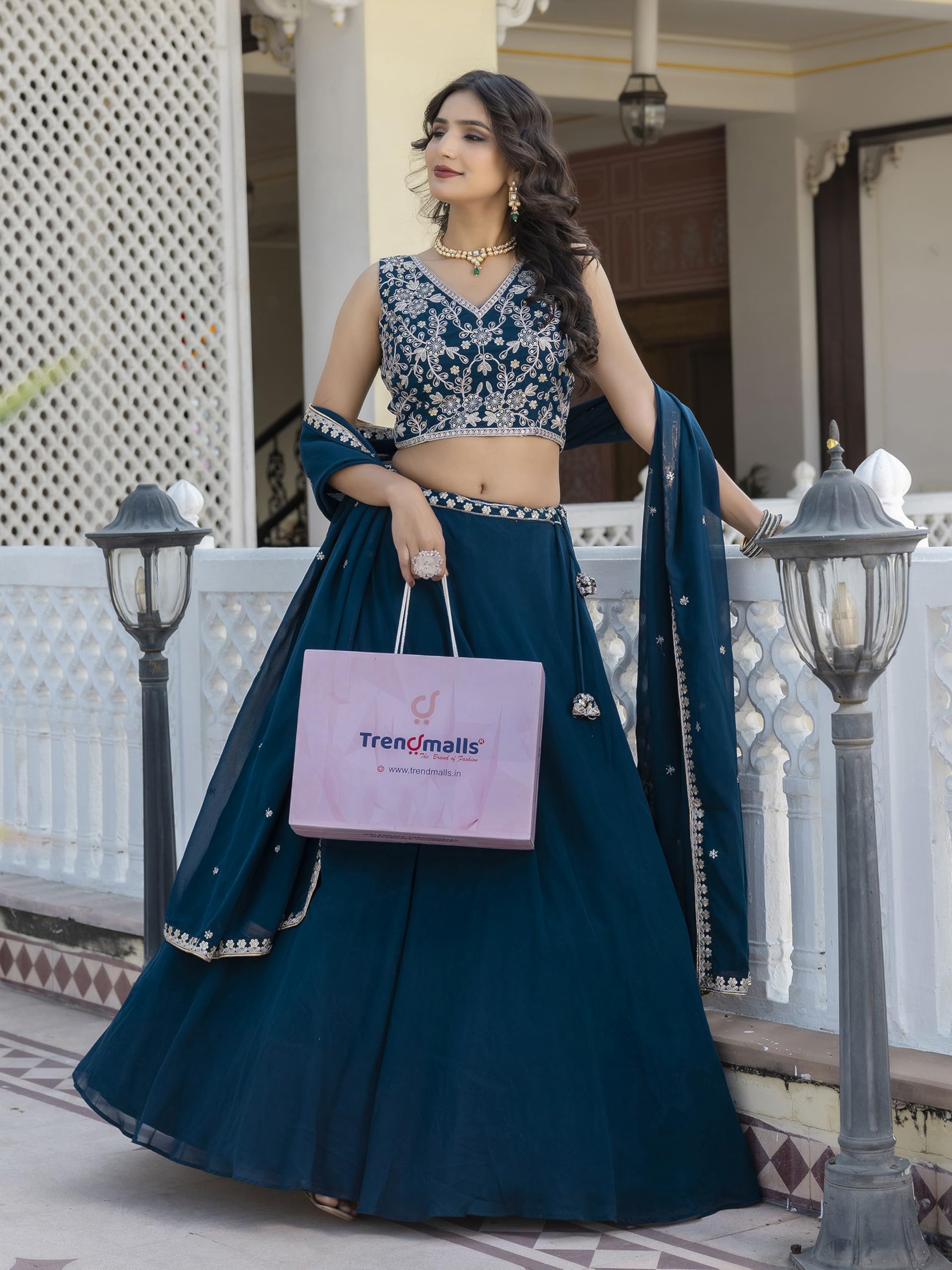 TRENDMALLS Women's Georgette Plain Lehenga with Embroidery work Choli Dupatta Set Ready To Wear - Image 3