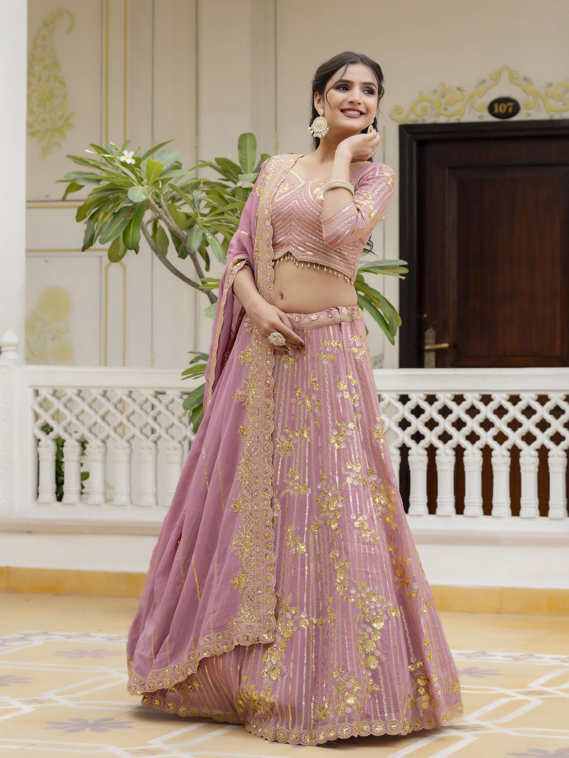 TRENDMALLS Women's Georgette Sequin Embroidery Lehenga Choli Dupatta Set Ready To Wear - Image 4