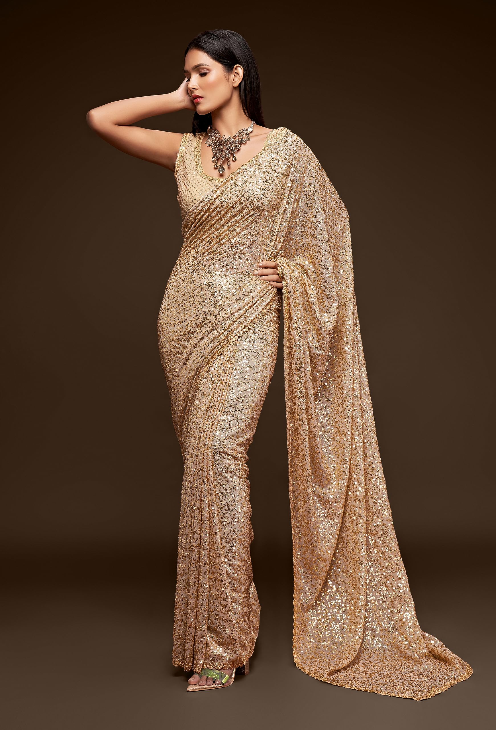 TRENDMALLS Women's Heavy Georgette Sequins Work Heavy Saree with Blouse - Image 3