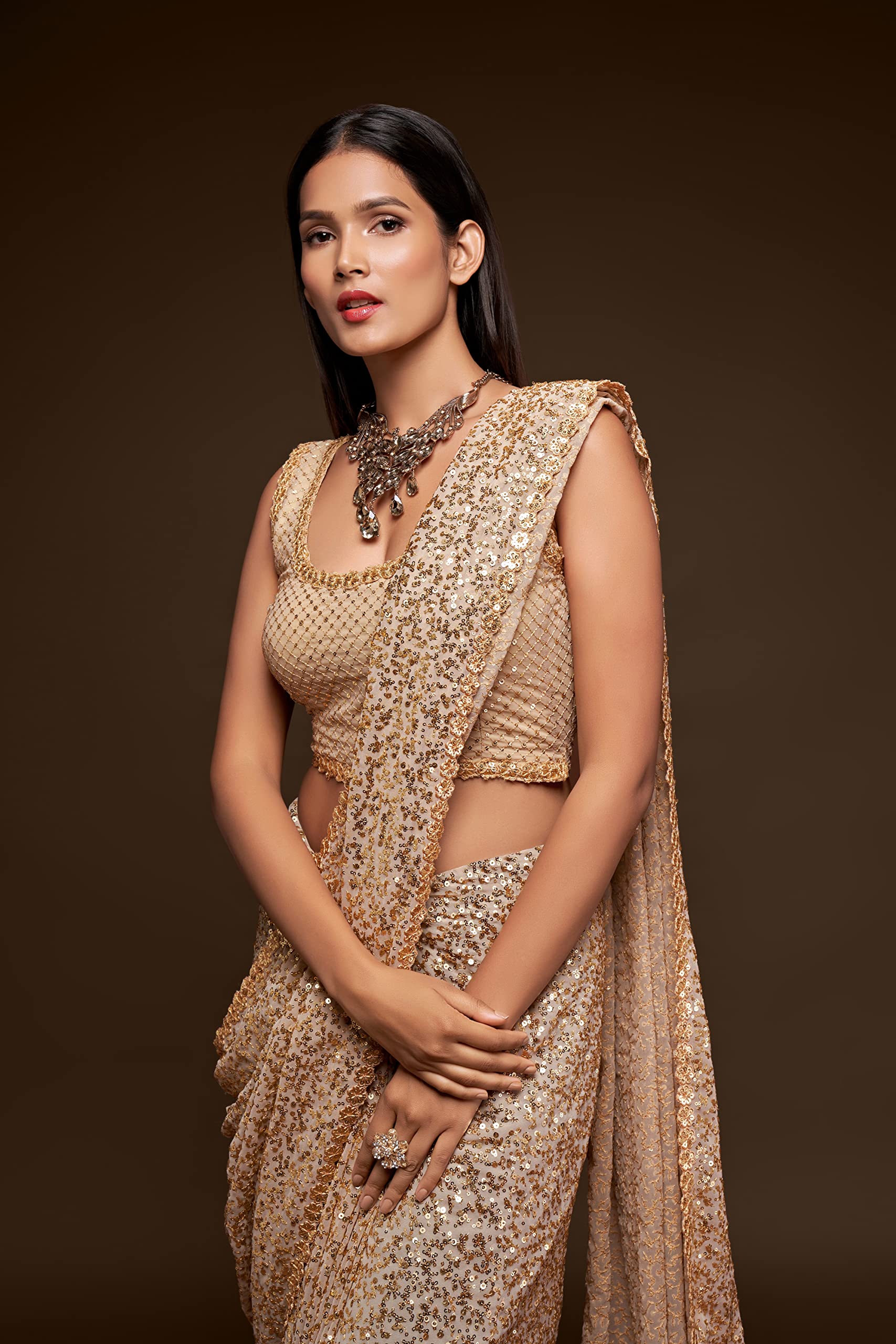 TRENDMALLS Women's Heavy Georgette Sequins Work Heavy Saree with Blouse - Image 4