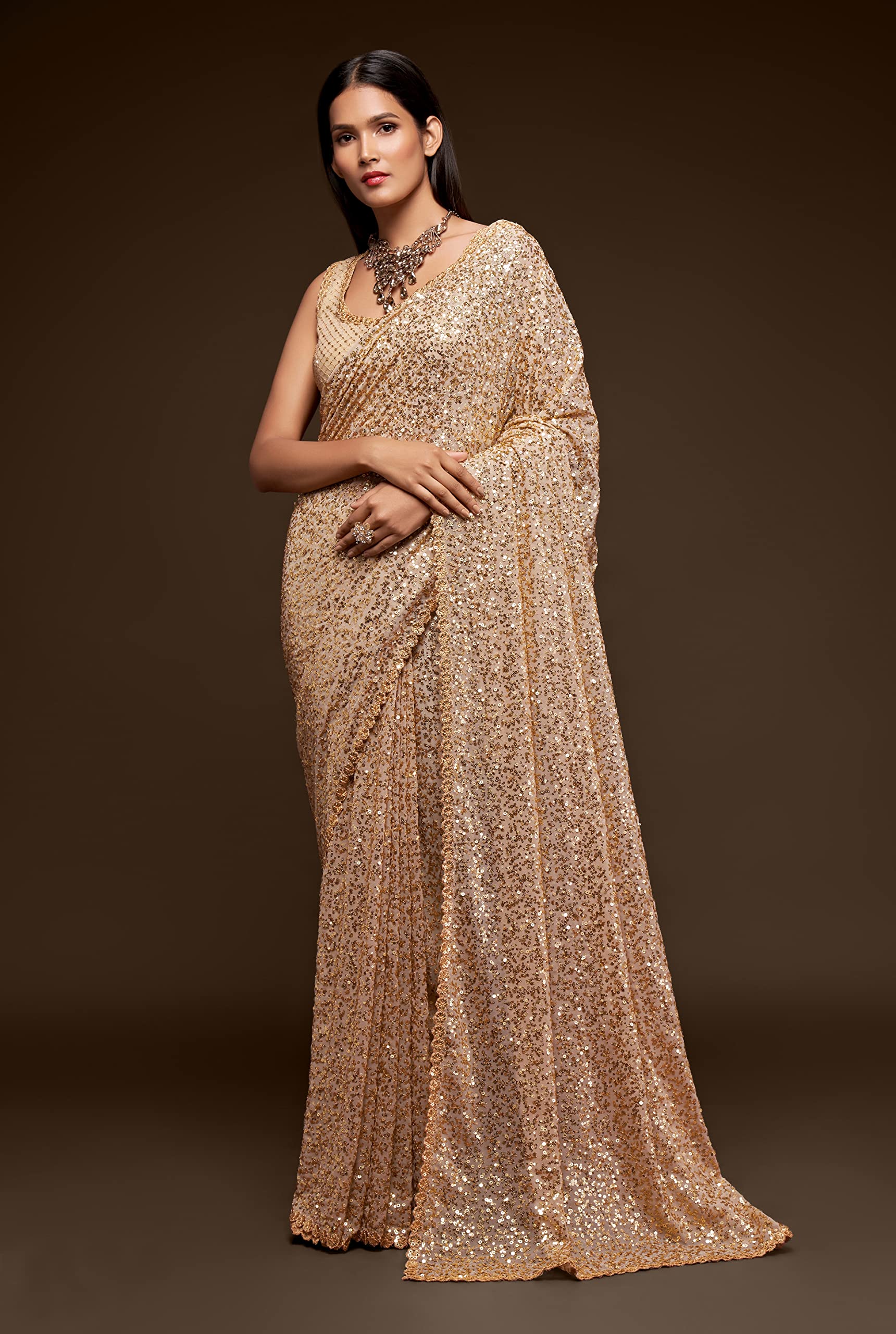 TRENDMALLS Women's Heavy Georgette Sequins Work Heavy Saree with Blouse - Image 7