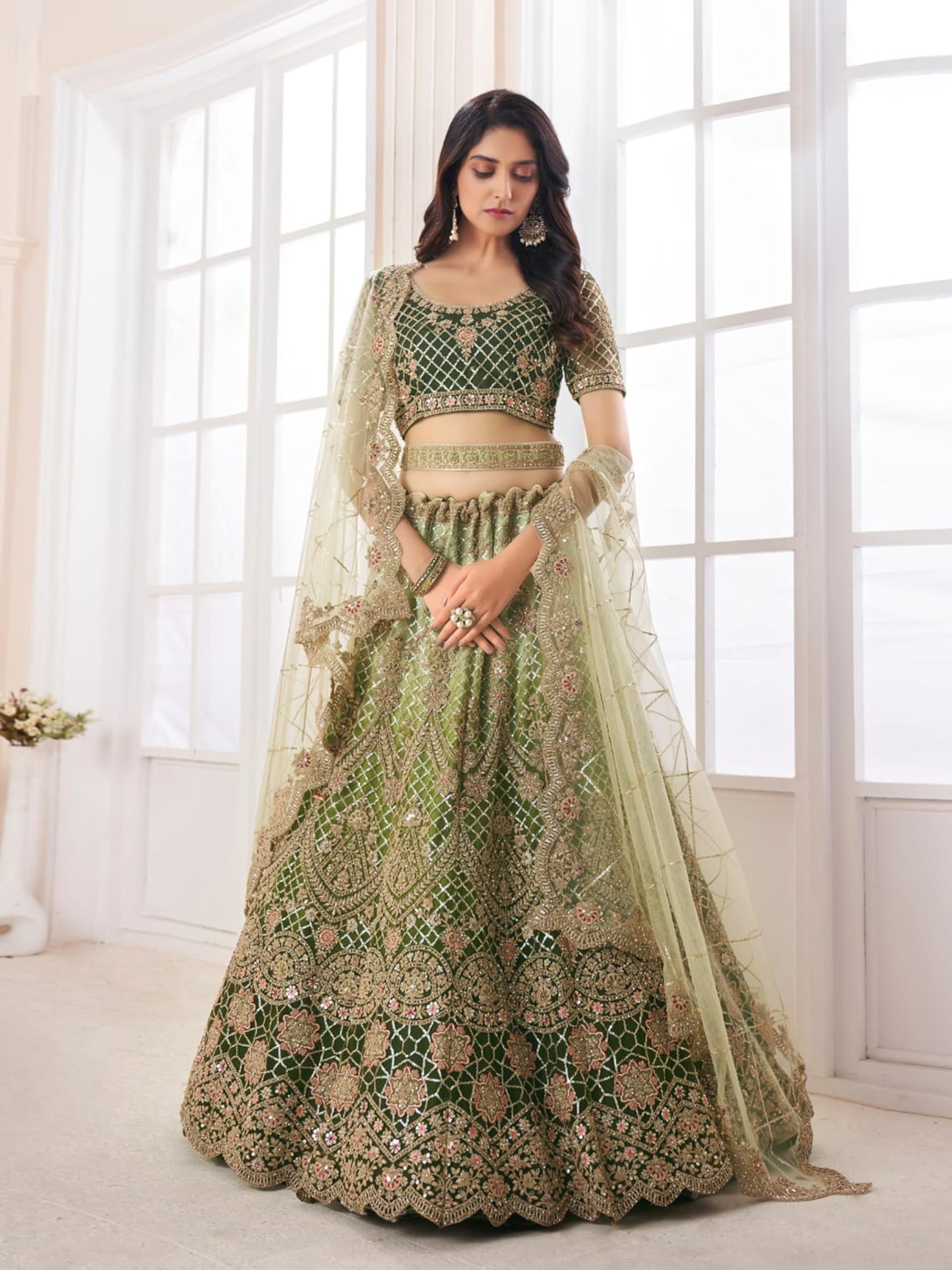 TRENDMALLS Women's Net Embroidery Sequence Work Lehenga Choli Blouse with Dupatta For Women Ready To Wear - Image 3