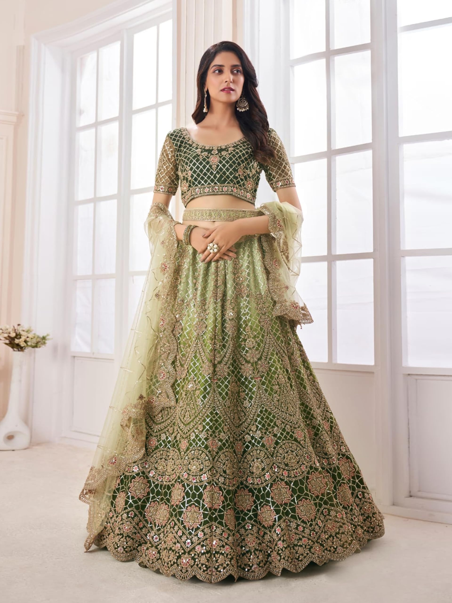 TRENDMALLS Women's Net Embroidery Sequence Work Lehenga Choli Blouse with Dupatta For Women Ready To Wear - Image 8
