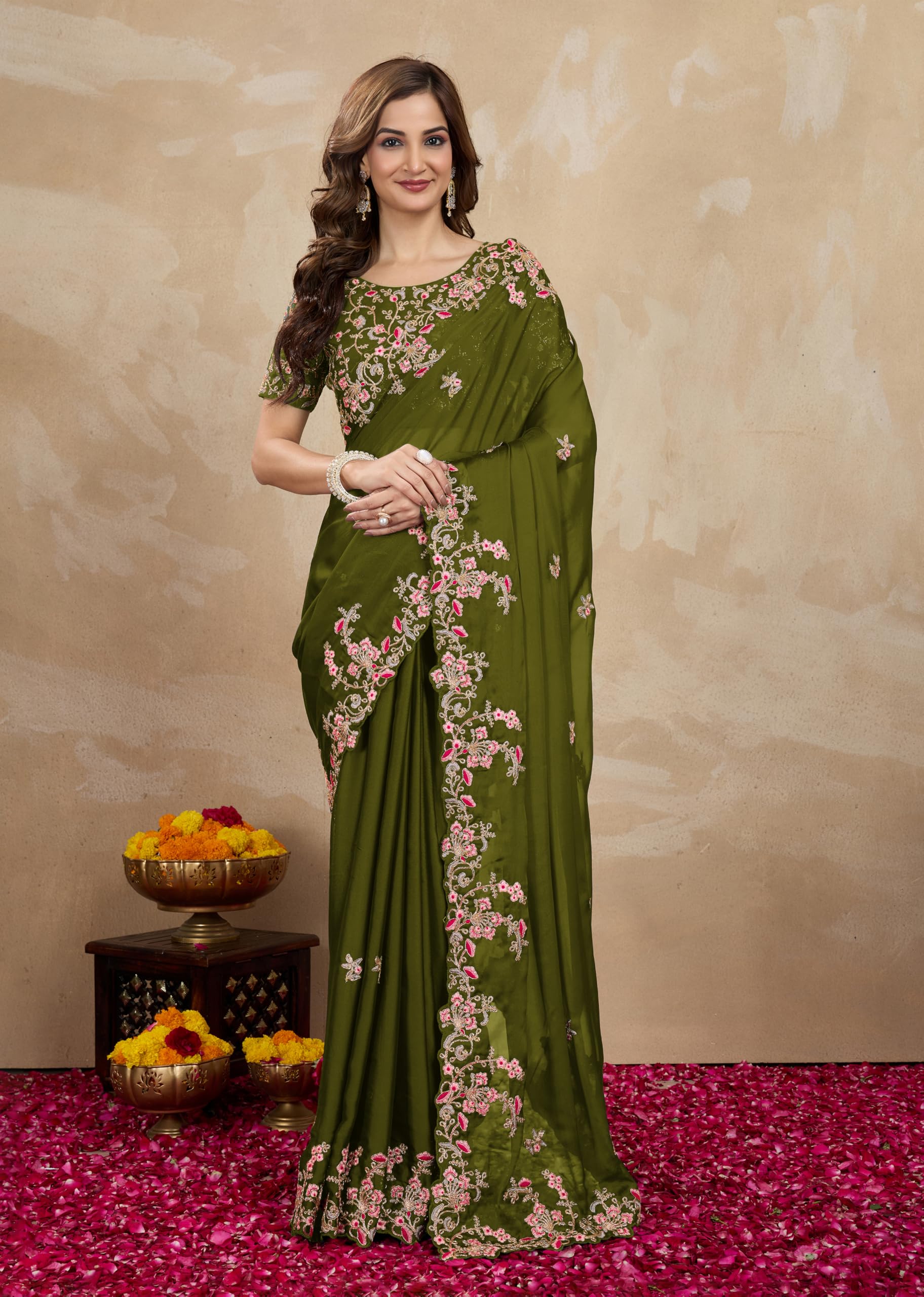 TRENDMALLS Women's Rangoli Silk Embroidred Saree with Unstitch Blouse Piece - Image 9