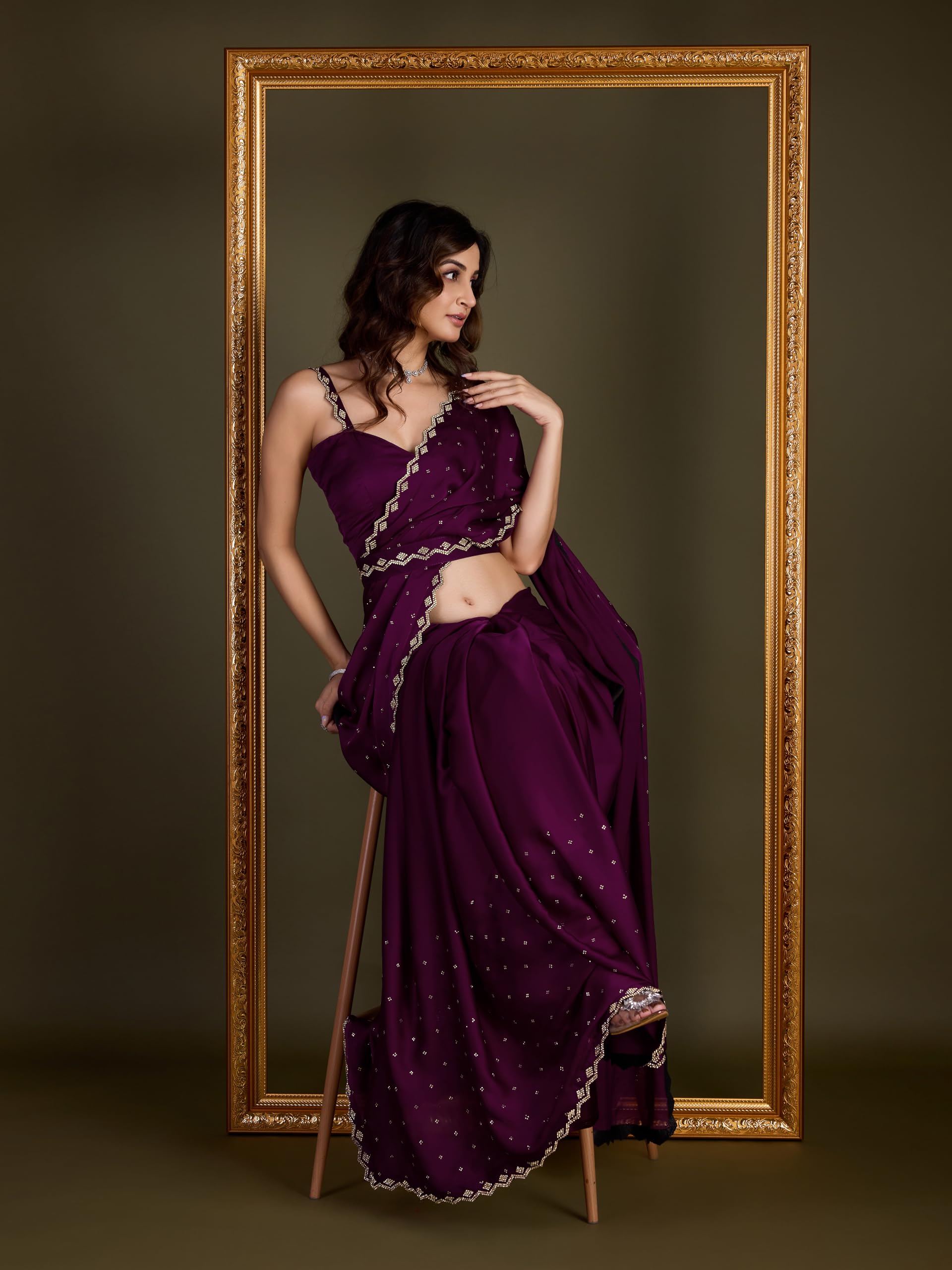 TRENDMALLS Women's Satin Silk Siroski Zarkan Work Saree with Unstitch Blouse Piece - Image 6