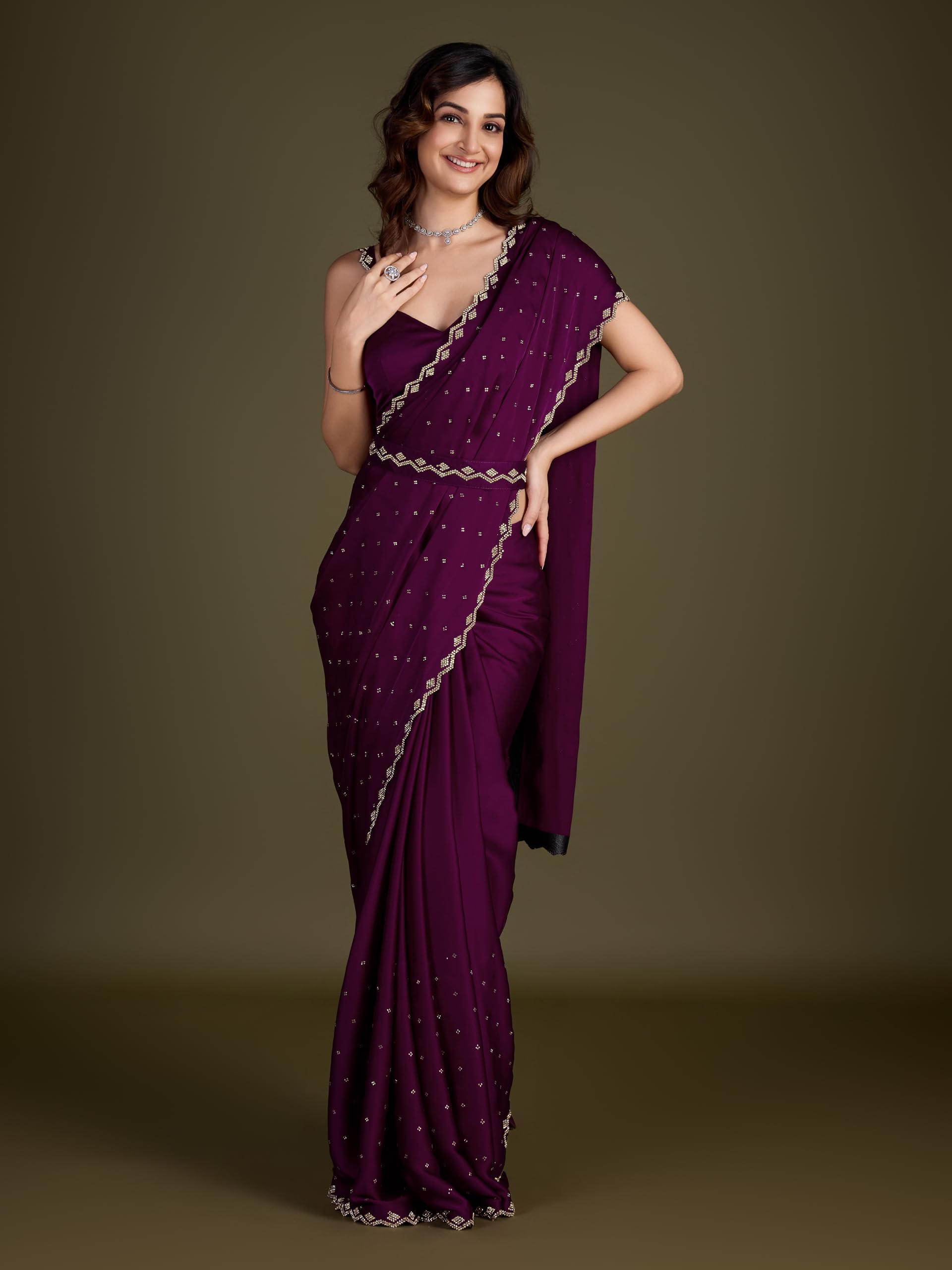 TRENDMALLS Women's Satin Silk Siroski Zarkan Work Saree with Unstitch Blouse Piece - Image 8