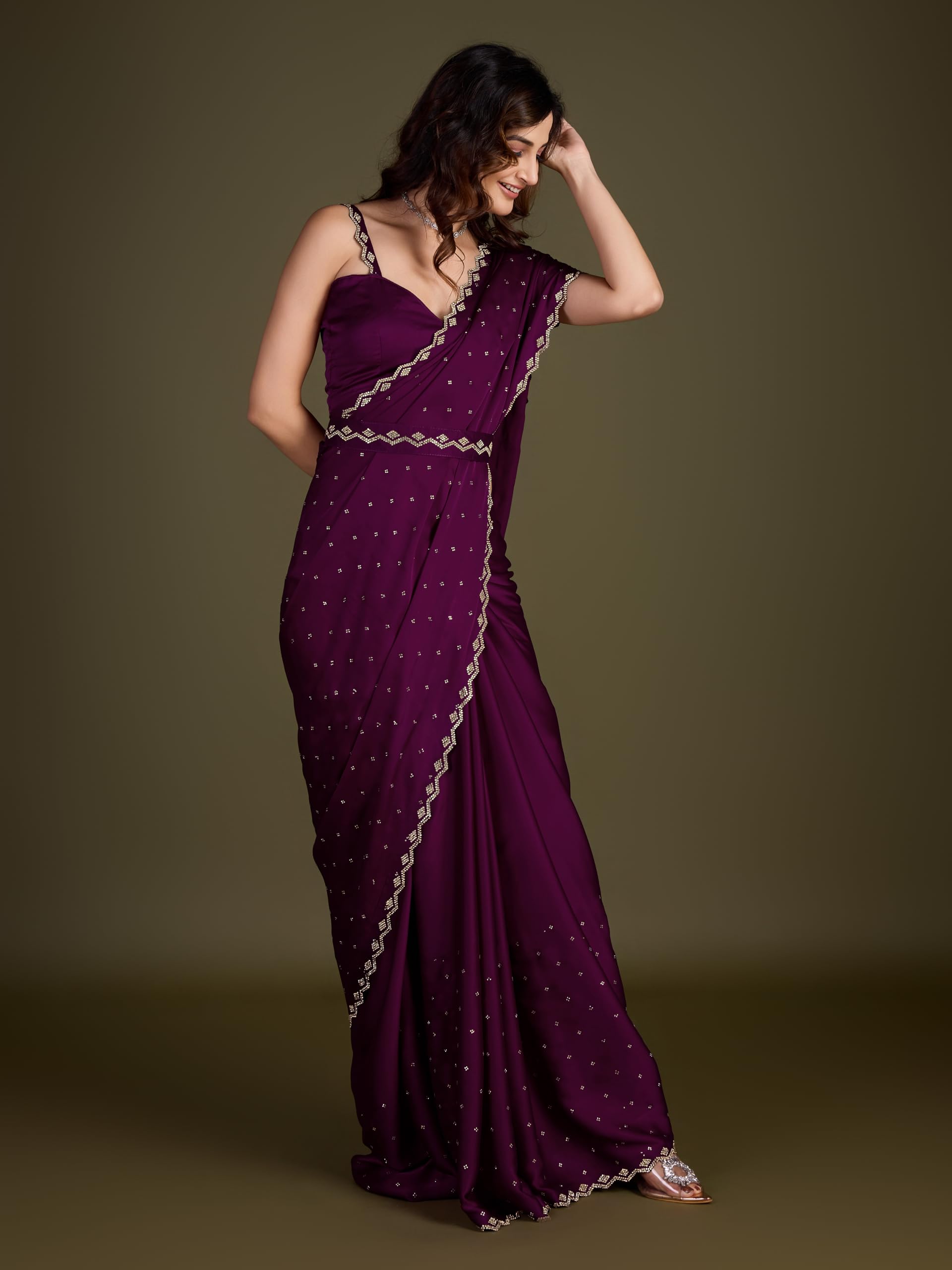 TRENDMALLS Women's Satin Silk Siroski Zarkan Work Saree with Unstitch Blouse Piece - Image 9
