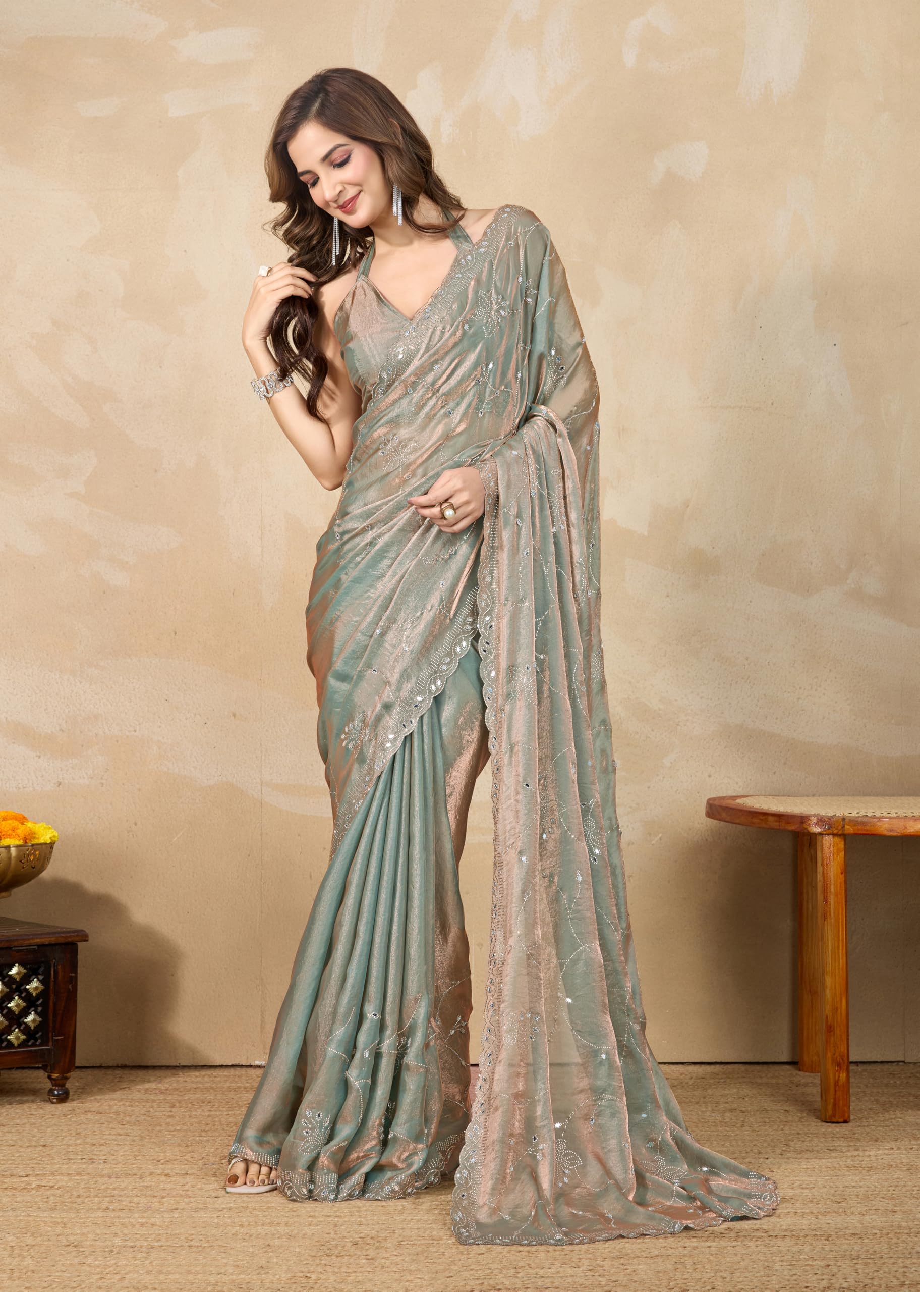 TRENDMALLS Women's Satin Siroski Mirror Work Saree with Unstitch Blouse Piece (K1158-SteelGreen) - Image 8