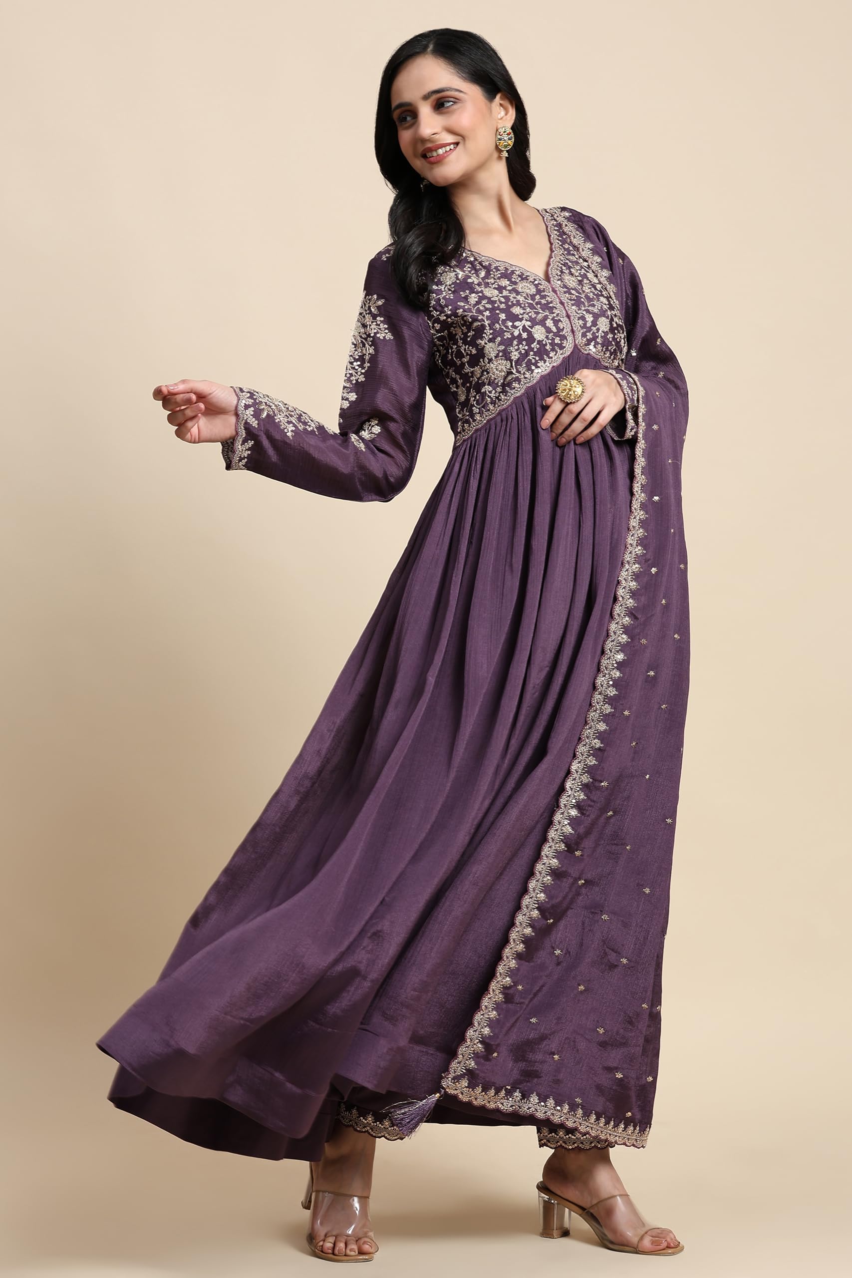 TRENDMALLS Women's Silk Blend Embroidery Alia Cut Kurta Pant Set with Dupatta - Image 8