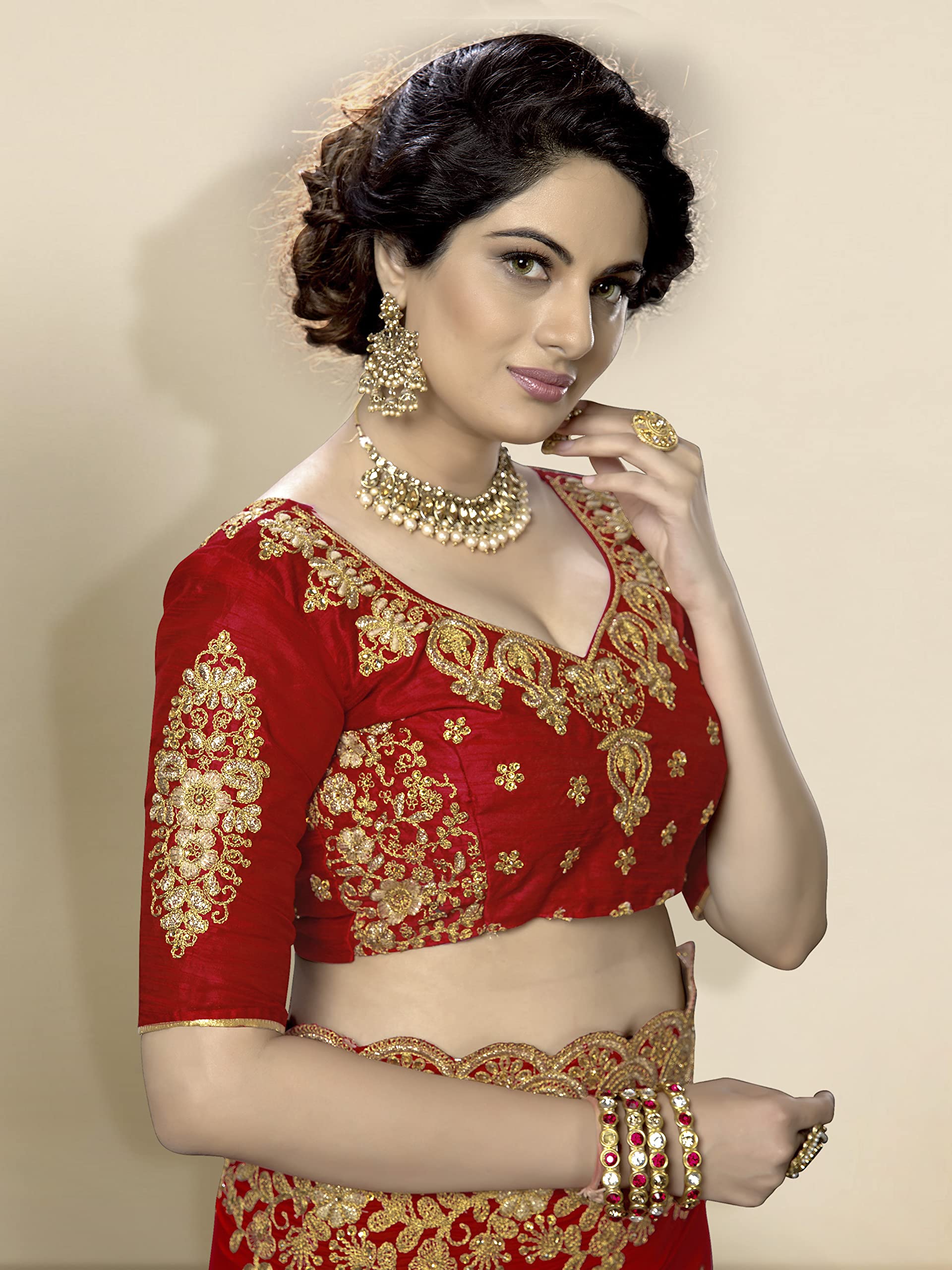 TRENDMALLS Women's Silk Satin Embroidery Saree with Unstitched Blouse - Image 5