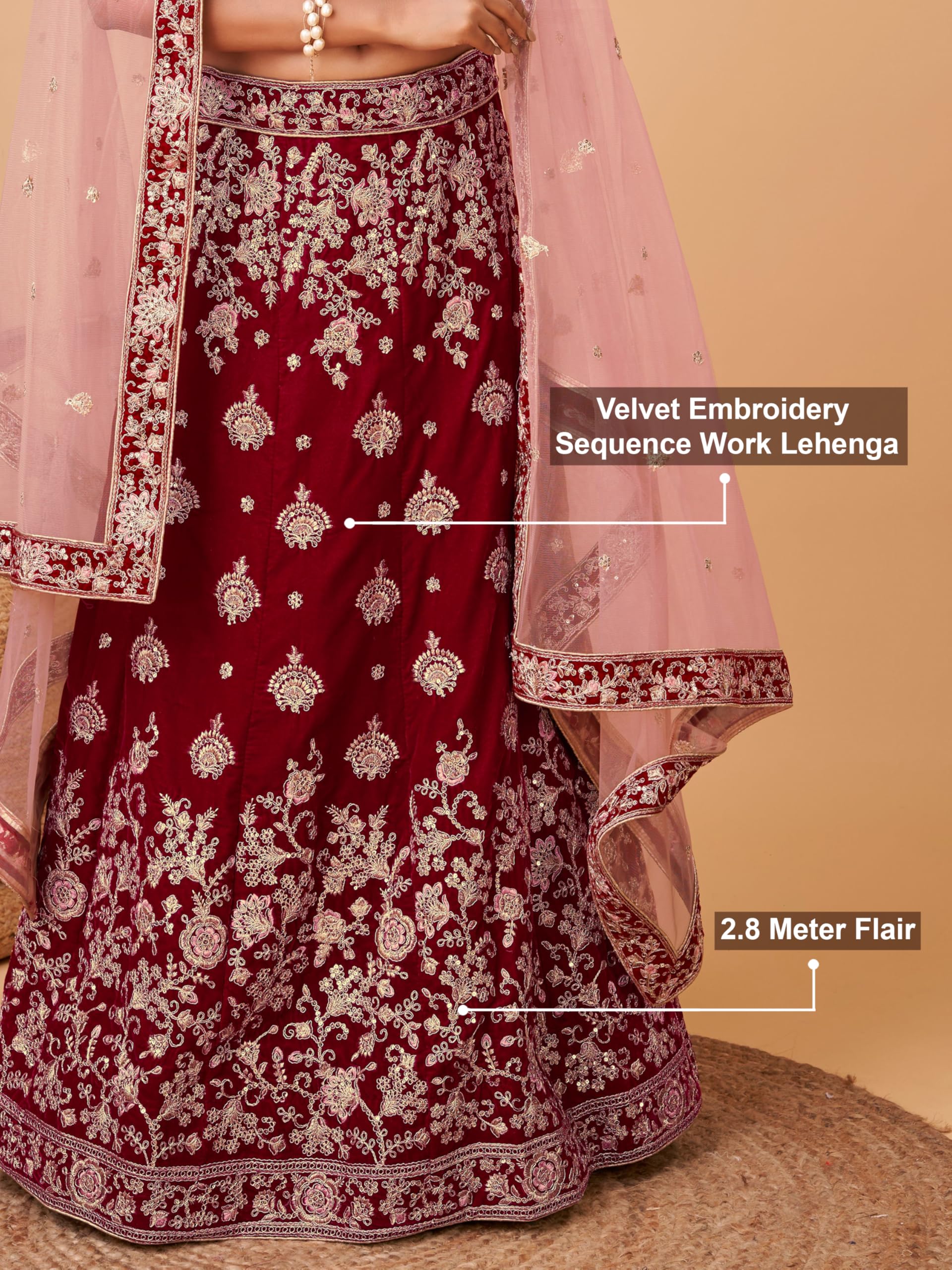 Trendmalls Women's Velvet Embroidery Sequence Work Bridal Lehenga Choli Unstitch Blouse with Dupatta For Women - Image 5