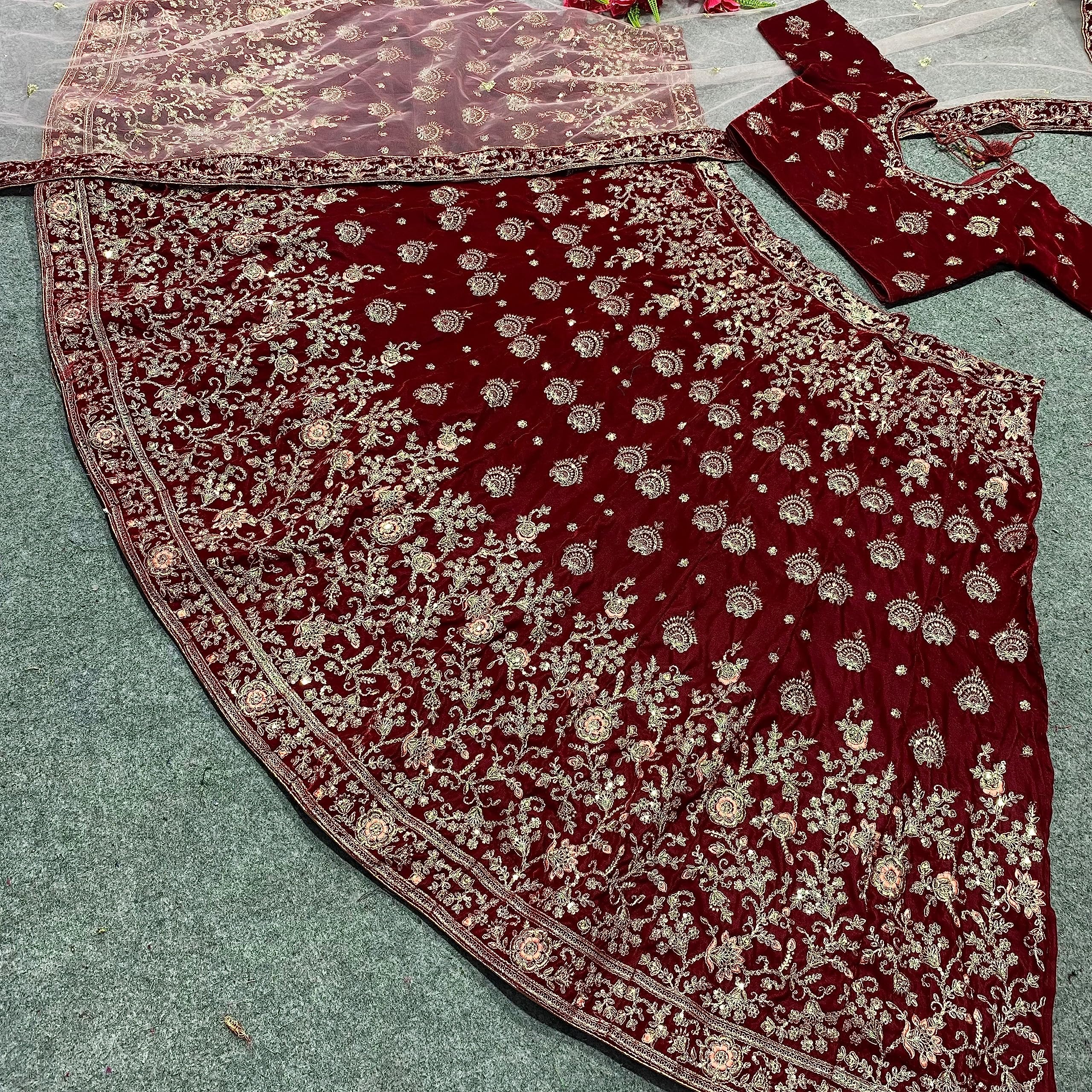 Trendmalls Women's Velvet Embroidery Sequence Work Bridal Lehenga Choli Unstitch Blouse with Dupatta For Women - Image 7